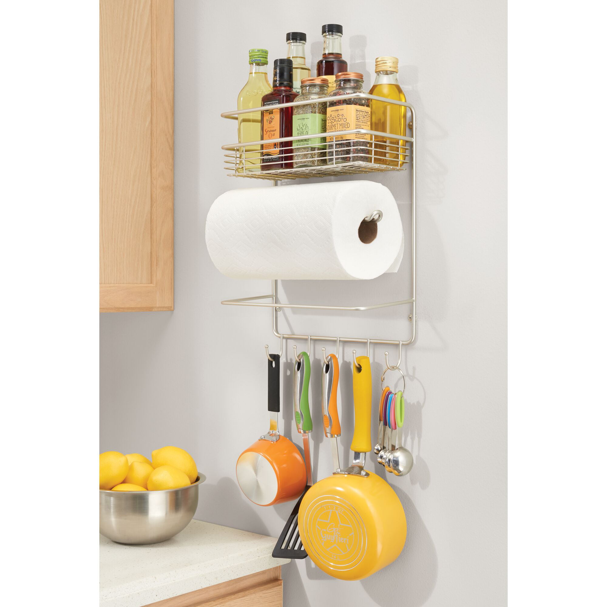 Durable Steel Wire Design Soft Brass mDesign Metal Paper Towel Holder with Spice Rack and Multi-Purpose Shelf Pantry Garage Laundry Wall Mount Storage Organizer for Kitchen 