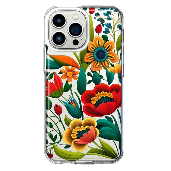 MUNDAZE Apple iPhone 13 Pro Shockproof Clear Hybrid Protective Phone Case Colorful Red Orange Folk Style Floral Spring Flowers Cover