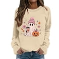 thumbnail image 2 of Xingjin Women's Halloween Crewneck Sweatshirt 2026 Pumpkin Ghost Graphic Long Sleeve Pullover Soft Fall Fashion Shirt Casual Wear Collection,Beige,L, 2 of 5