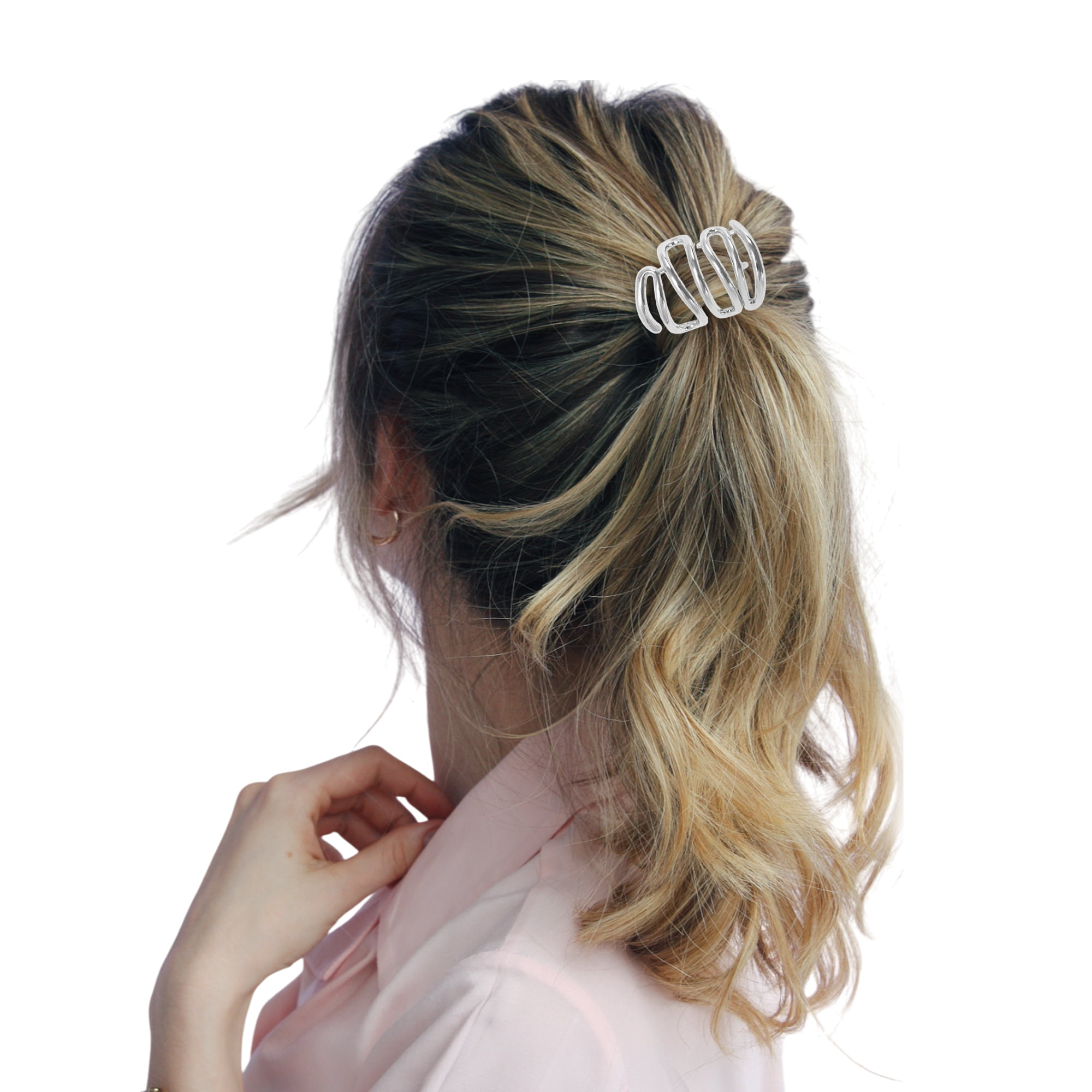Unique Bargains Stylish Stacked Lines Ponytail Buckle Hair Clip for Women 1 Pc Silver Tone