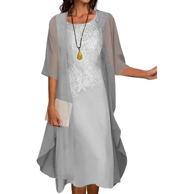 Ensemble Deux Pièces Robe Maxi pour Femmes Cardigan en Chiffon Fluide Invité de Mariage Imprimé Floral Robes Midi avec Veste en Dentelle
