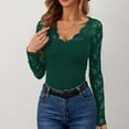 thumbnail image 6 of Delayuji Women's Long Sleeve Shirt Basic Layer Spring Solid Color V Neck Lace Mesh Sleeve Splicing Slim Fit Long Sleeved T Shirt Green, 6 of 7
