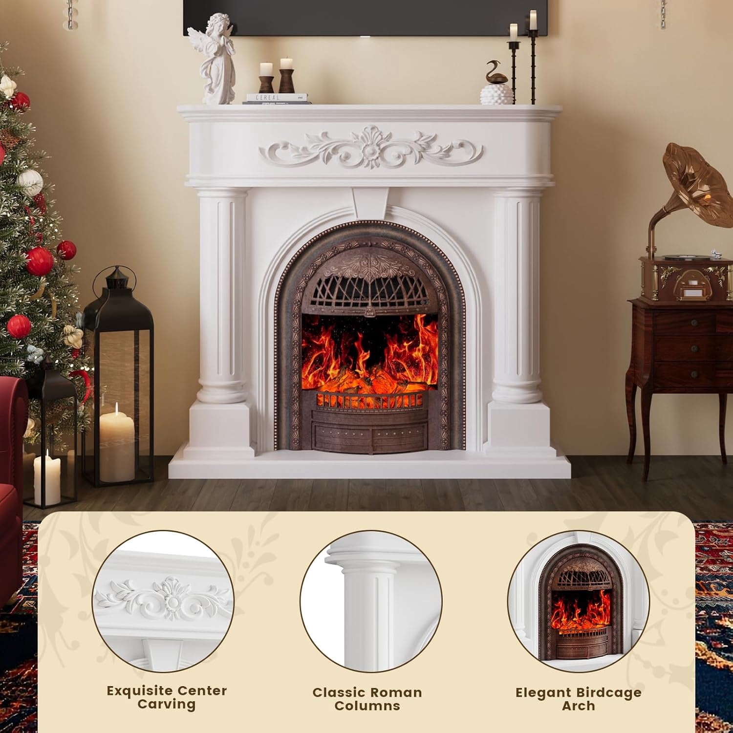 BOSHIRO 50” Electric Fireplace with Mantel, Solid Wood TV Stand with Fireplace for Living Room, Bedroom & Entryway