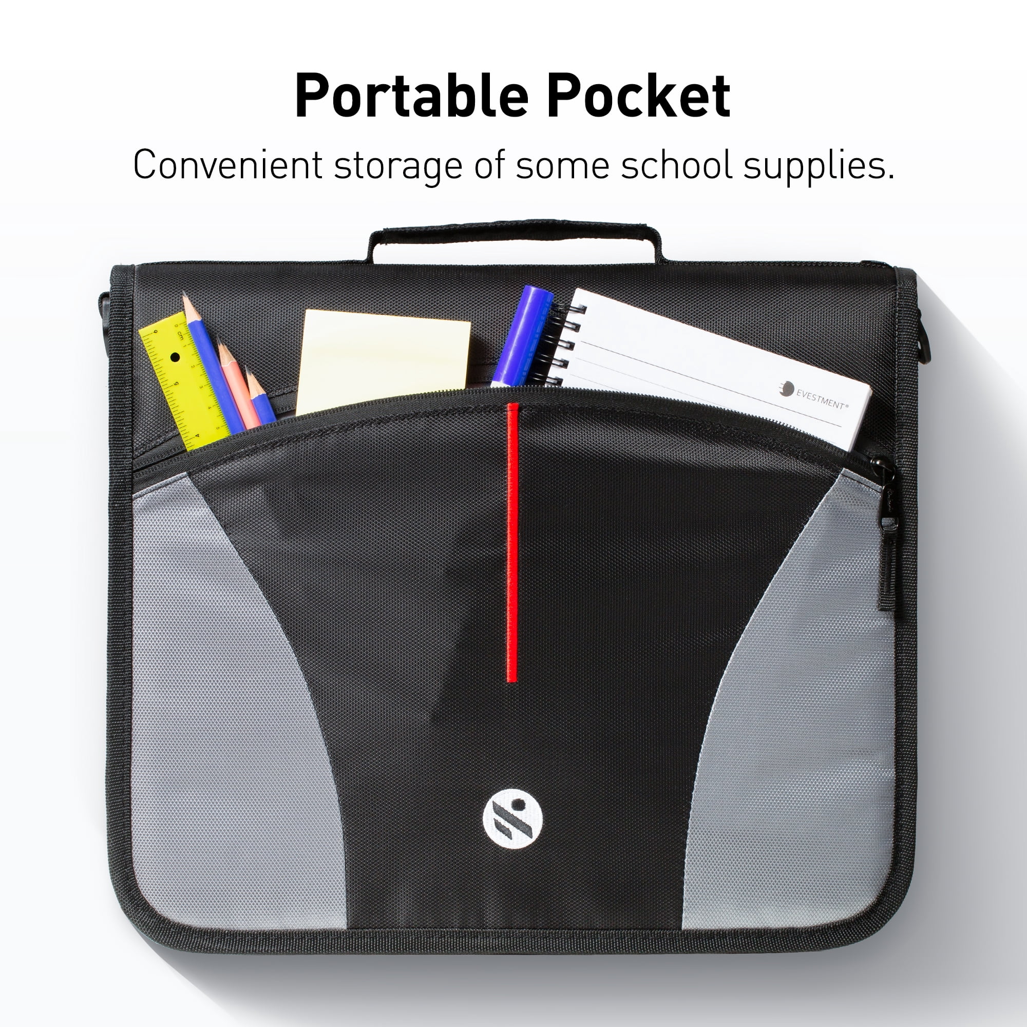 Kinbashi 3 Ring Binder, 3 Inch O-Ring Zipper Binder with Shoulder Strap, Black