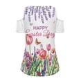 thumbnail image 6 of POLERO Easter Cold Shoulder Tops for Women Tulip Floral Print Summer Short Sleeve Shirts Ladies Ruched Blouse Classic Sexy V Neck Tunic Cut Out Design Soft Lightweight S, 6 of 7