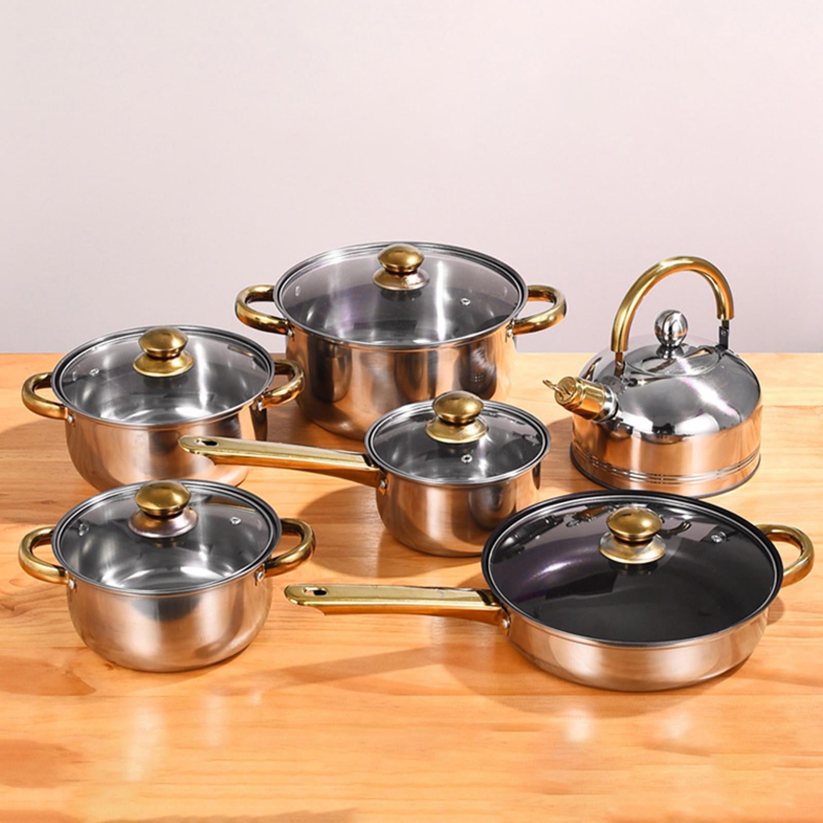 Nishiyuenyi 6x Pots and Pans Set Soup Pot with Glass Lid Nonstick Pan Cookware Set Stainless Pans with kettle