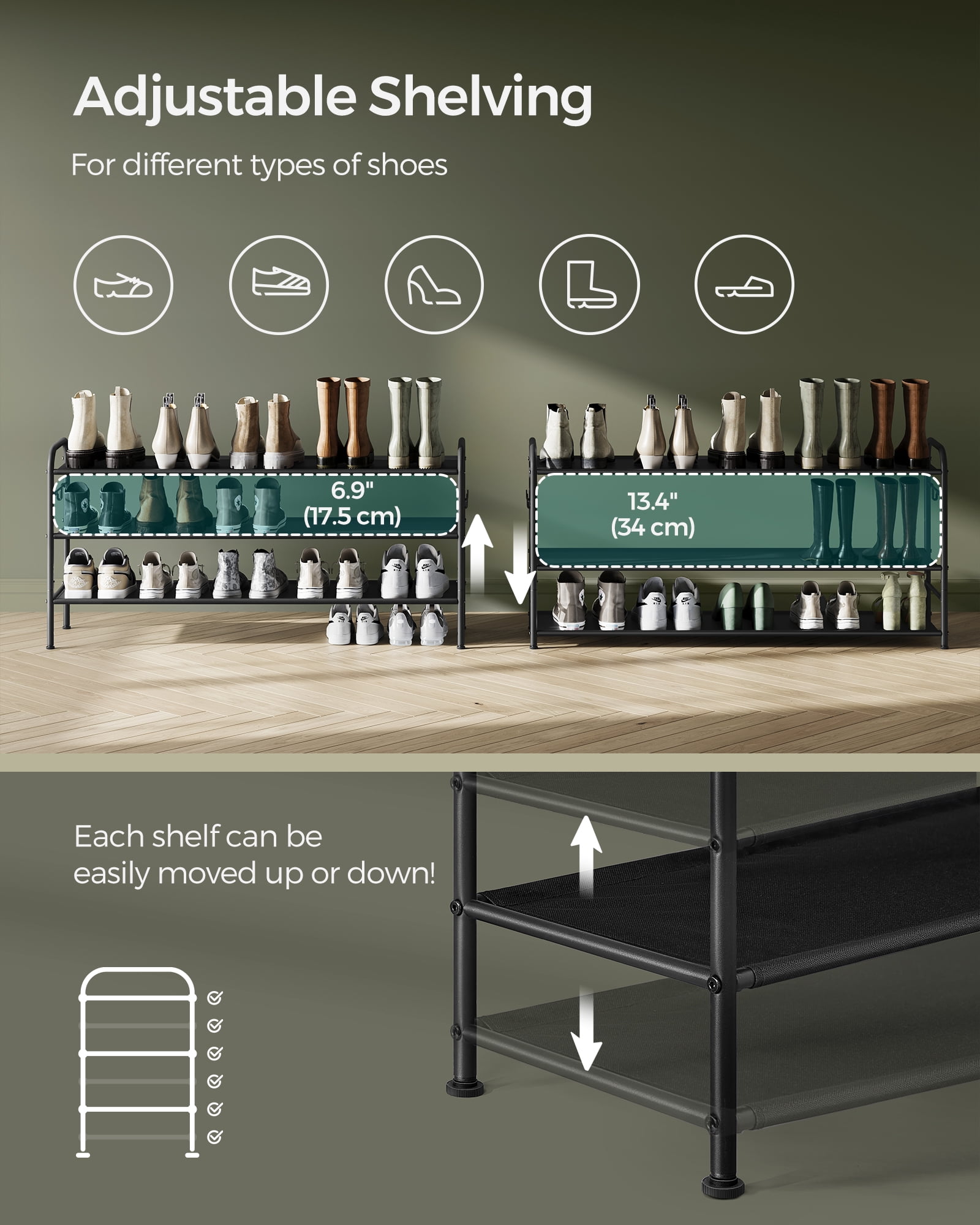 Shoe Rack, 3 Tier Shoe Organizer, Fabric Shoe Shelf Storage with 4 Hooks, Holds up to 18 Pairs of Shoes, Height-Adjustable Shoe Rack for Entryway, Hallway, Closet, Easy Assembly, Ink Black