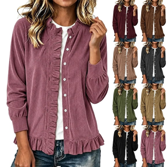Cmtiyu Fashion Jackets for Women Long Sleeve Round Neck Button Down Green Corduroy Jacket with Ruffled Hem Casual Fall Outerwear Jacket S-3XL