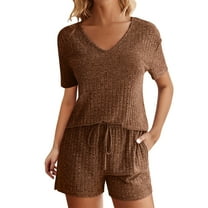 Scyoekwg Womens 2 Piece Sets Summer Outfits Loose Solid Color Trendy Short Sleeve V-Neck Tops Shorts Casual Sweatsuits Sets Tracksuit Matching Family Outfits (Brown,M)