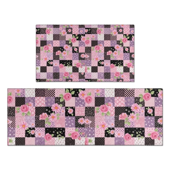Pioneer Flower Floral Print Pattern Kitchen Rugs Sets Of 2, Anti Fatigue Non Slip Washable Floor Mats for Kitchen Sink Laundry, 17X30 Inch 17X47 Inch