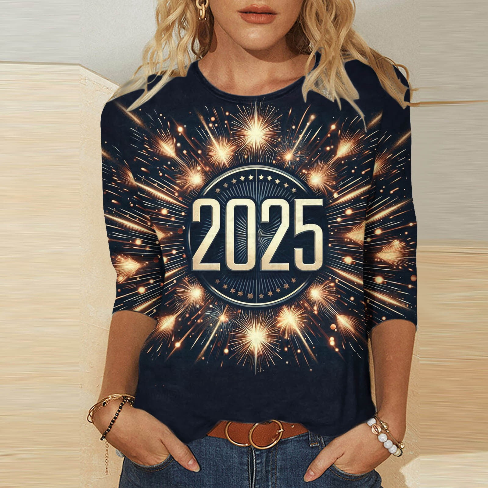 Happy New Year Sweatshirt - Oversized Sparkly Graphic Pullover, Long Sleeve, Holiday Party Outfit