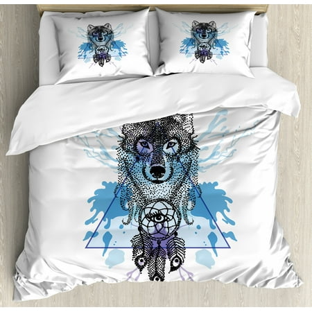 Wolf Duvet Cover Set Animal Head With Dreamcatcher Color Splashes