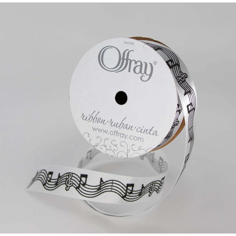 Offray Ribbon, White 7/8 inch Musical Notes Satin Ribbon, 9 feet