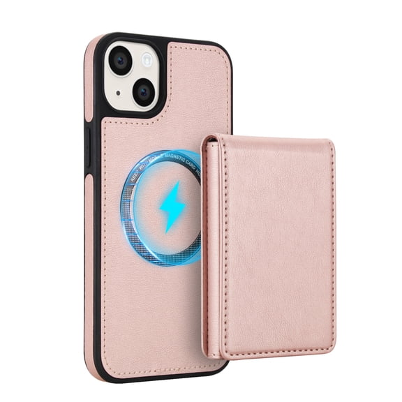 For iPhone 14 Phone Case,Compatible with Mag-Safe,Retro PU Leather Back,2-in-1 Magentic Detachable Credit Card Holder Flip Cover Kickstand,Shockproof Anti-fall,Rugged Phone Case,Rosegold