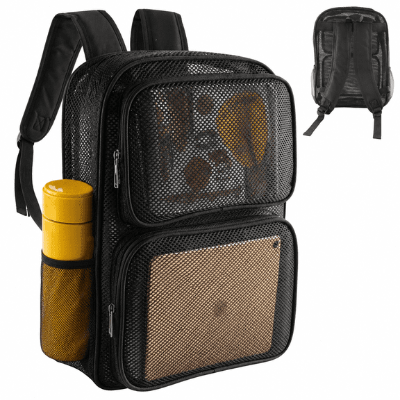 Yalumo Heavy Duty Mesh Backpack, Semi-transparent Mesh Beach Backpack with Comfort Padded Straps, Large Capacity Mesh Bookbag for Swimming, Travel, Beach, Outdoor Sports, Black