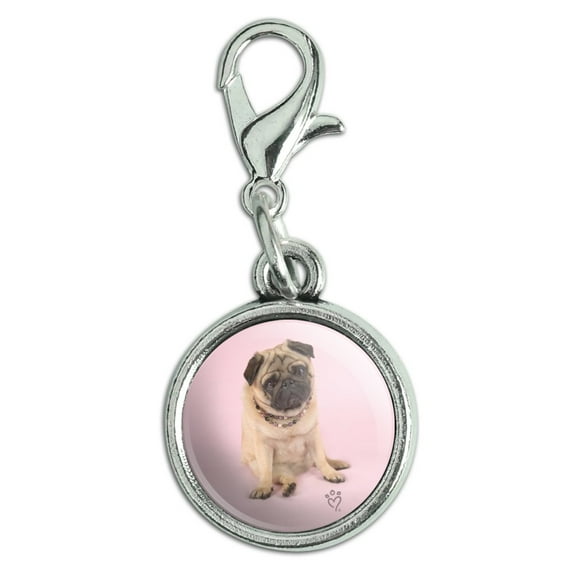 Pug Puppy Dog Sitting Pink Necklace Antiqued Bracelet Pendant Zipper Pull Charm with Lobster Clasp