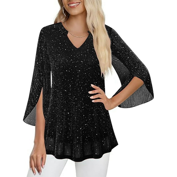 AUNVITO Women's Gold Foil V-Neck Mesh 3/4 Sleeve Party Blouse with Sheer Elegance and Shimmering Glamour