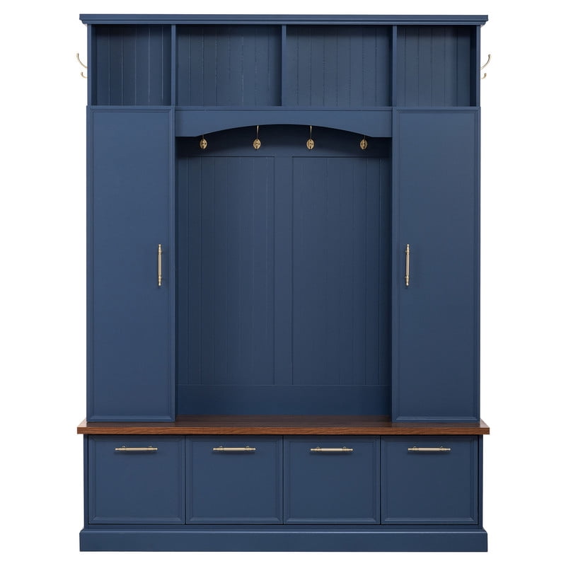 76.7''H Tall Hall Tree with Golden Hooks & Handles, Entryway Large Shoe Storage Bench with Cabinets & Adjustable Shelves