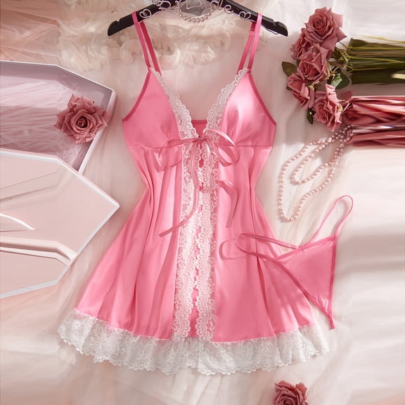 JSGEK Sexy Babydoll Lingerie Nightgown Set for Women Spaghetti Strap Front Tie Faux Fur Trim Mini Dress with Matching Thong Intimate Sleepwear Pink L