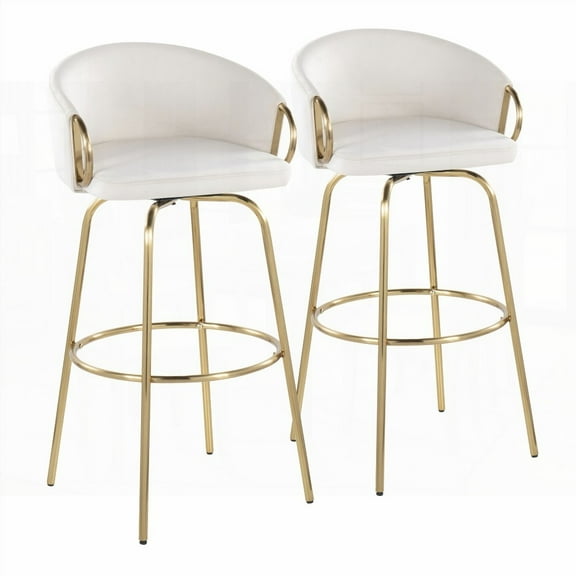 Claire Set of 2 - 30" Gold Metal & Cream Velvet Barstools with Swivel & Footrest (Contemporary Glam)