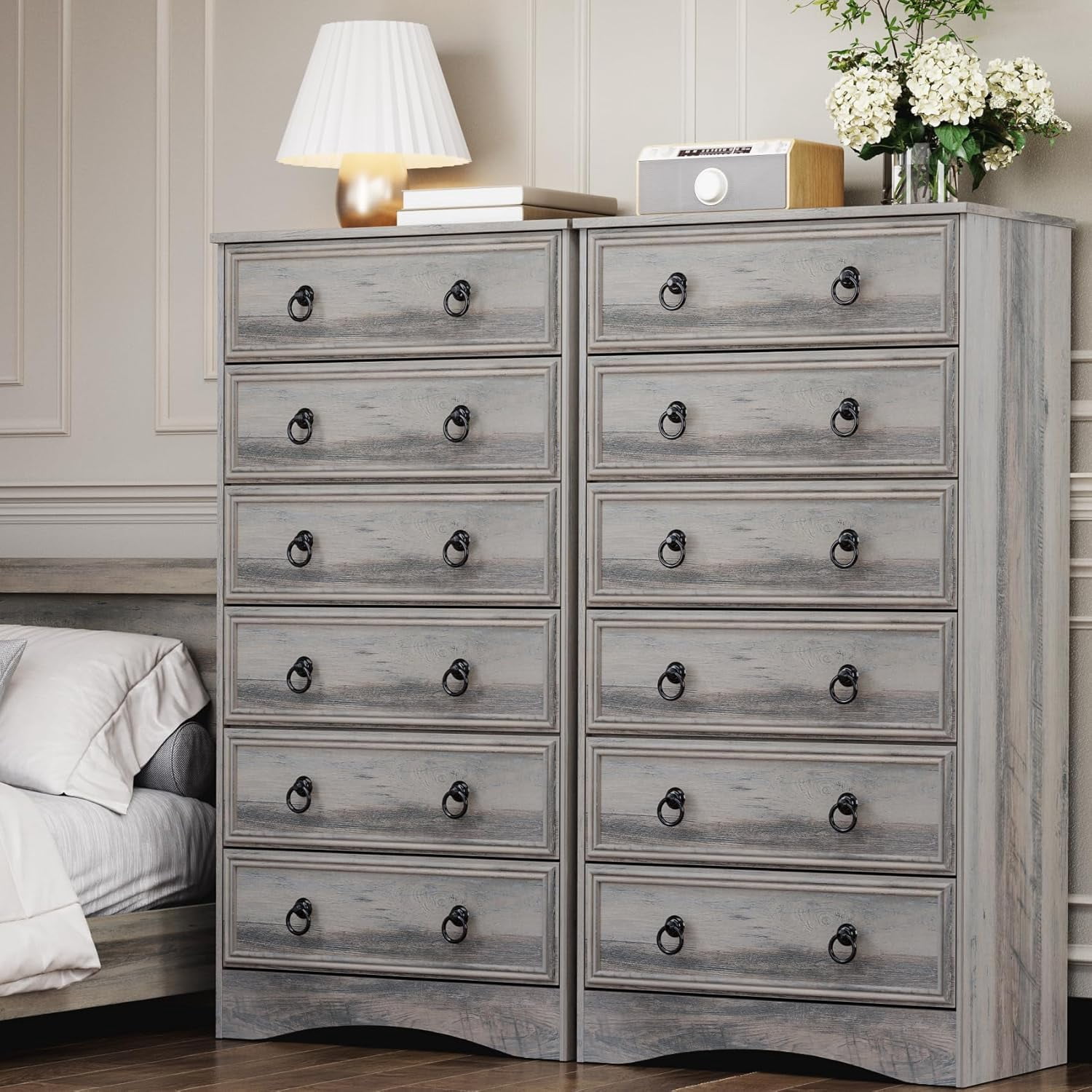 VVFLU Farmhouse 6 Drawers Dresser for Bedroom, Gray 52" Tall Dressers Chest of Drawer, Wooden Vertical Dresser for Bedroom Hallway
