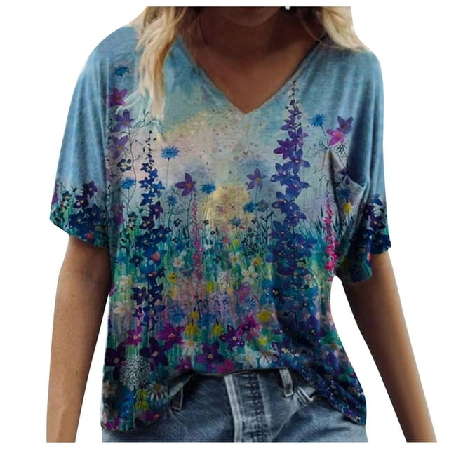 Grande Taille Femme Manches Courtes Imprimé Col en V Hauts Tee T-Shirt Blouse