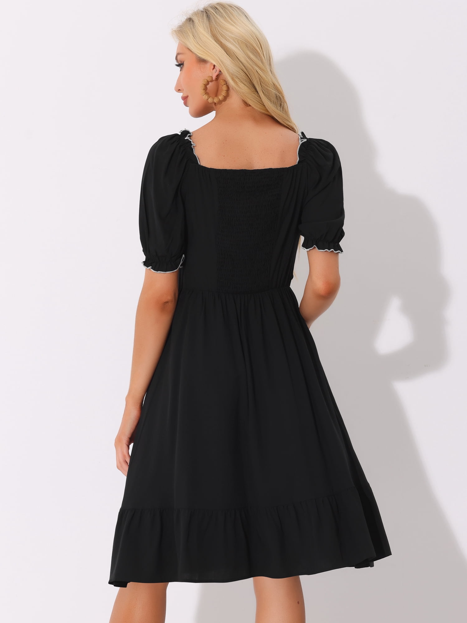 DARING DIVA Puff Short Sleeve Ruffle Smocked Blouse XL Black