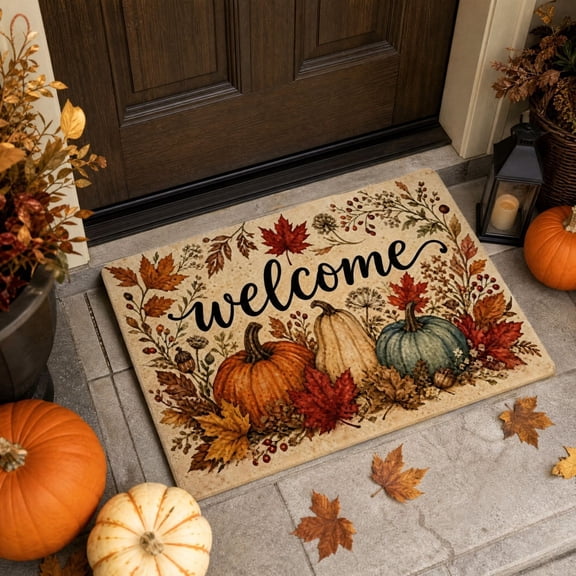 Fall Pumpkin Maple Mat, Halloween Decorations Indoor Outdoor Fall Home Party Decor Accents, Decorative Floor Carpet for Bathroom, Kitchen, Entryway