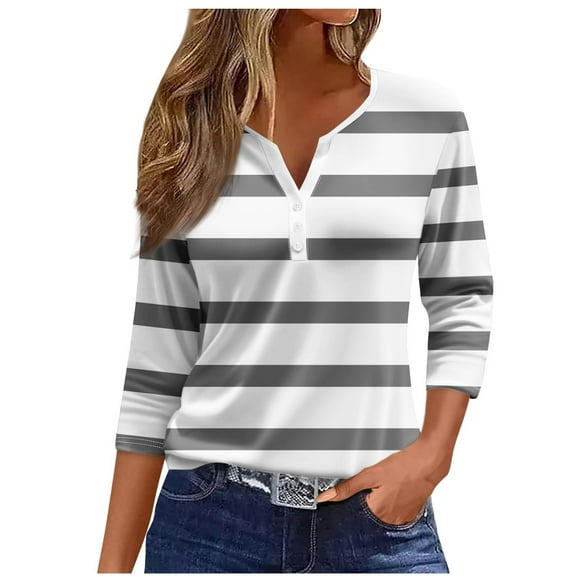 PMVFHDE Women's Three Quarter Sleeve Neck Print Tshirt Ladies Daily Summer Striped Basic Button Down Oversized Loose Comfort Soft Lightweight Tunic Blouses Tops Shirts Classic Versatile Grey,L