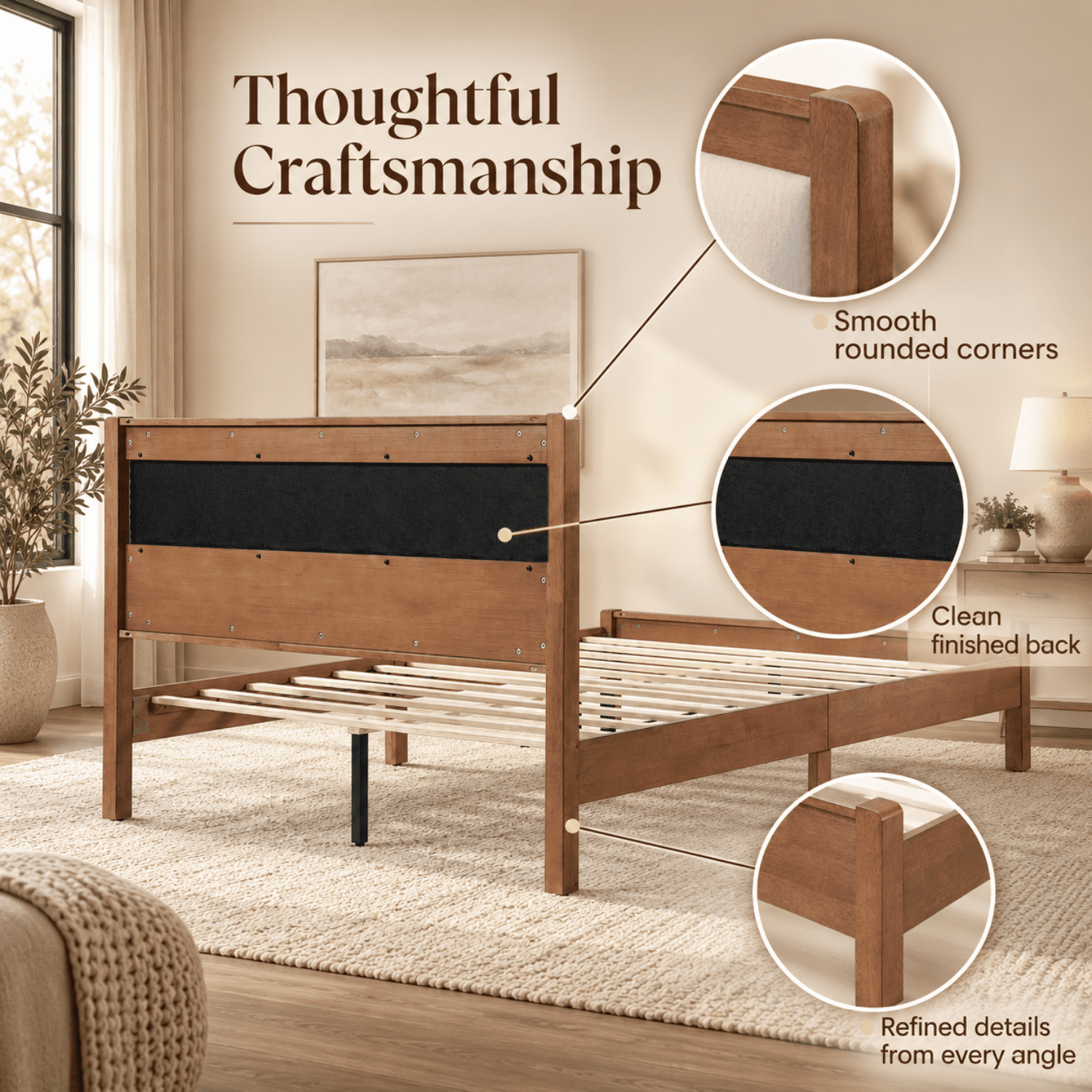 Miniyam Queen Rubberwood Platform Bed Frame with Padded Upholstered Headboard, Brown