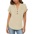 thumbnail image 3 of Women's Tops V Neck Ruffle Short Sleve Cotton Linen T-shirts Solid Color Shirts Dressy Casual Summer Fall Cute Outfits 2026 Basic Trendy Vacation Blouses, 3 of 7
