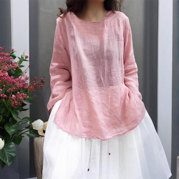 NuoCaiYun Women'S Spring and Summer Thin Medium-Length and Linen Solid Color Pullover Long-Sleeve Round Neck Tops