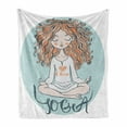 thumbnail image 1 of Yoga Soft Flannel Fleece Throw Blanket, Woman Sitting on Lotus Pose Yoga Lettering Underneath Mindfulness, Cozy Plush for Indoor and Outdoor Use, 50" x 60", Pale Blue Peach and Salmon, by Ambesonne, 1 of 5