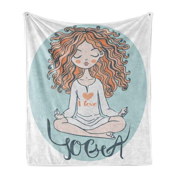 Yoga Soft Flannel Fleece Throw Blanket, Woman Sitting on Lotus Pose Yoga Lettering Underneath Mindfulness, Cozy Plush for Indoor and Outdoor Use, 50" x 60", Pale Blue Peach and Salmon, by Ambesonne