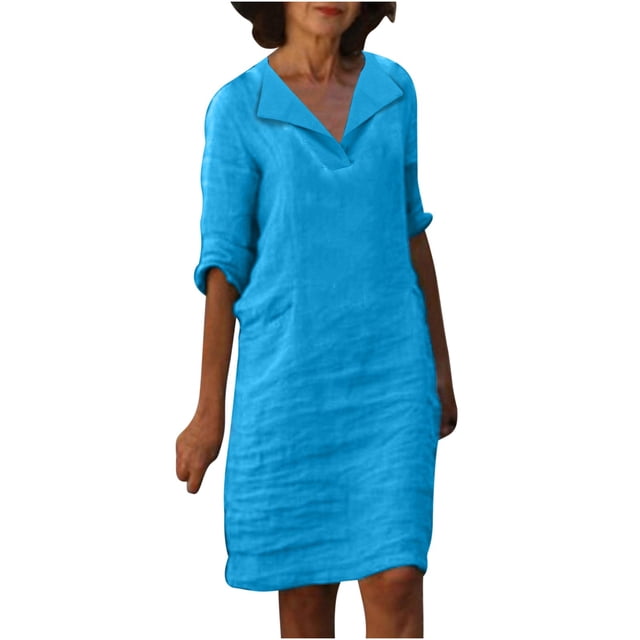 KIHOUT Robes d'Été pour Femmes, Mode pour Dames Robe à Col en V à Manches Mi-Longues Unie à Enfiler Bleu 3TG