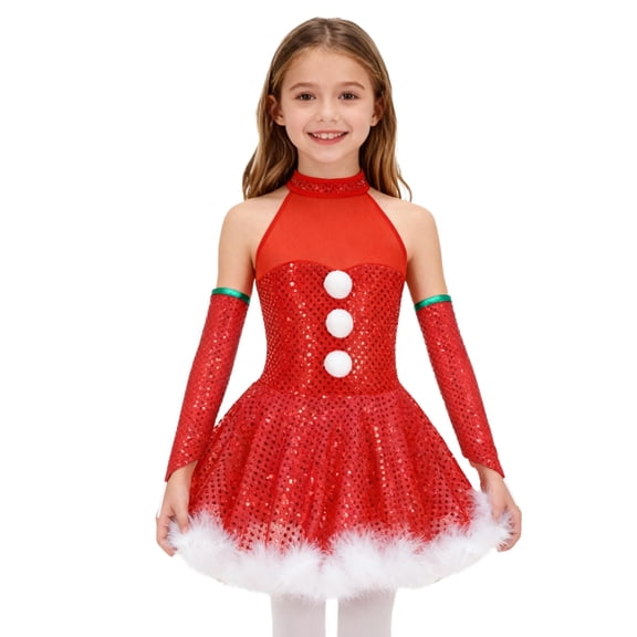 YiZYiF Girls Christmas Party Snowman Costume Shiny Sequins Figure Skating Ballet Tutu Dance Dress Red 14