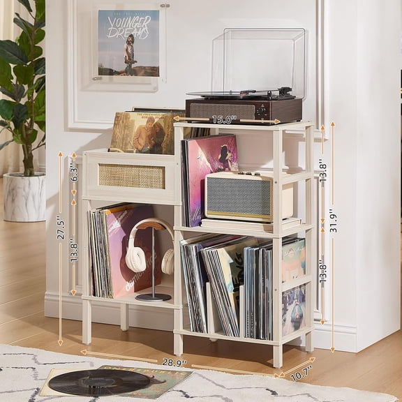 Record Player Stand, White Cream Oak Wood Record Holder with Vinyl Storage Holds up to 300  Albums, 3-Tier Rattan Media Table with Vinyl Display Shelf, Record Storage Cabinet for Living Room