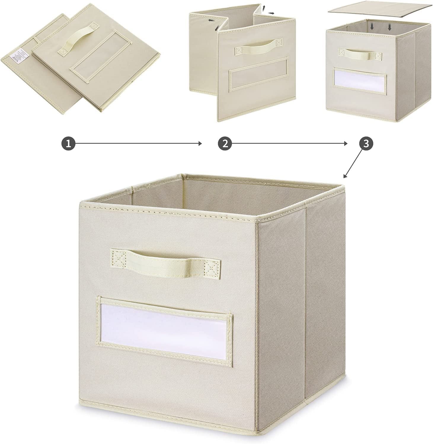 13x13 Inch Cube Storage Bins(Set of 8)-Basket Bins with 8 Labels Window Cards & a Pen - Collapsible Storage Organizer Boxes Cube For Nursery Home & Office-Beige