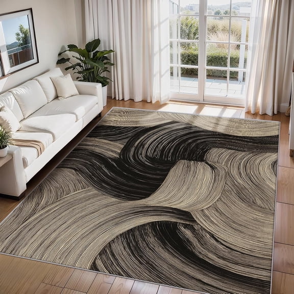 Beige Black Abstract Area Rugs, Modern Brushstroke Art Carpet, Washable Non Slip Low Pile Soft Rug for Living Room Bedroom Decor Mat 2x3ft