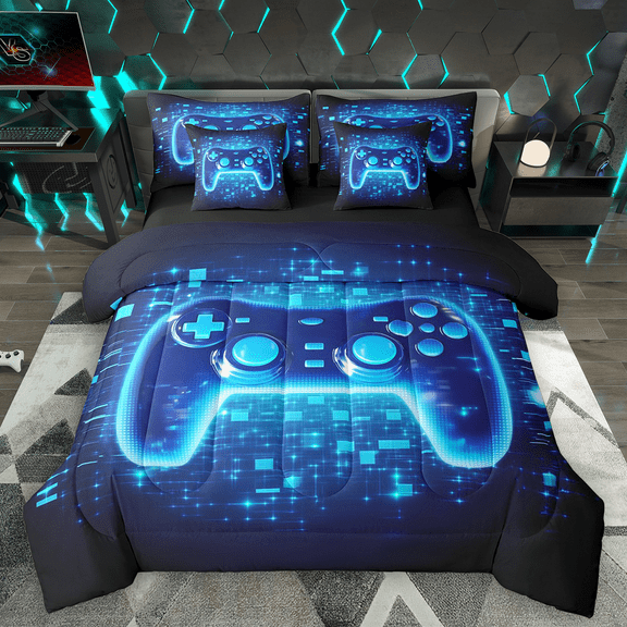 Manfei Neon Gamepad Twin Bedding Sets 7pcs for Boys, Teens Gamer Bedding Comforter Set, Black Blue Stereoscopic Cubes Sheet Sets, Lightweight Room Decor