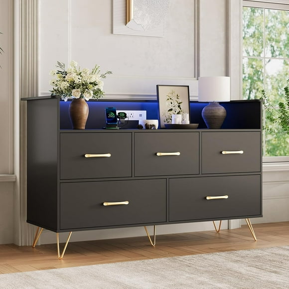 Black Dresser for Bedroom, 47" Wide Chest of Drawers with LED Lights, Charging Station & 5 Smooth-Sliding Drawers, Modern Wood Storage Cabinet for Entryway, Hallway, Living Room