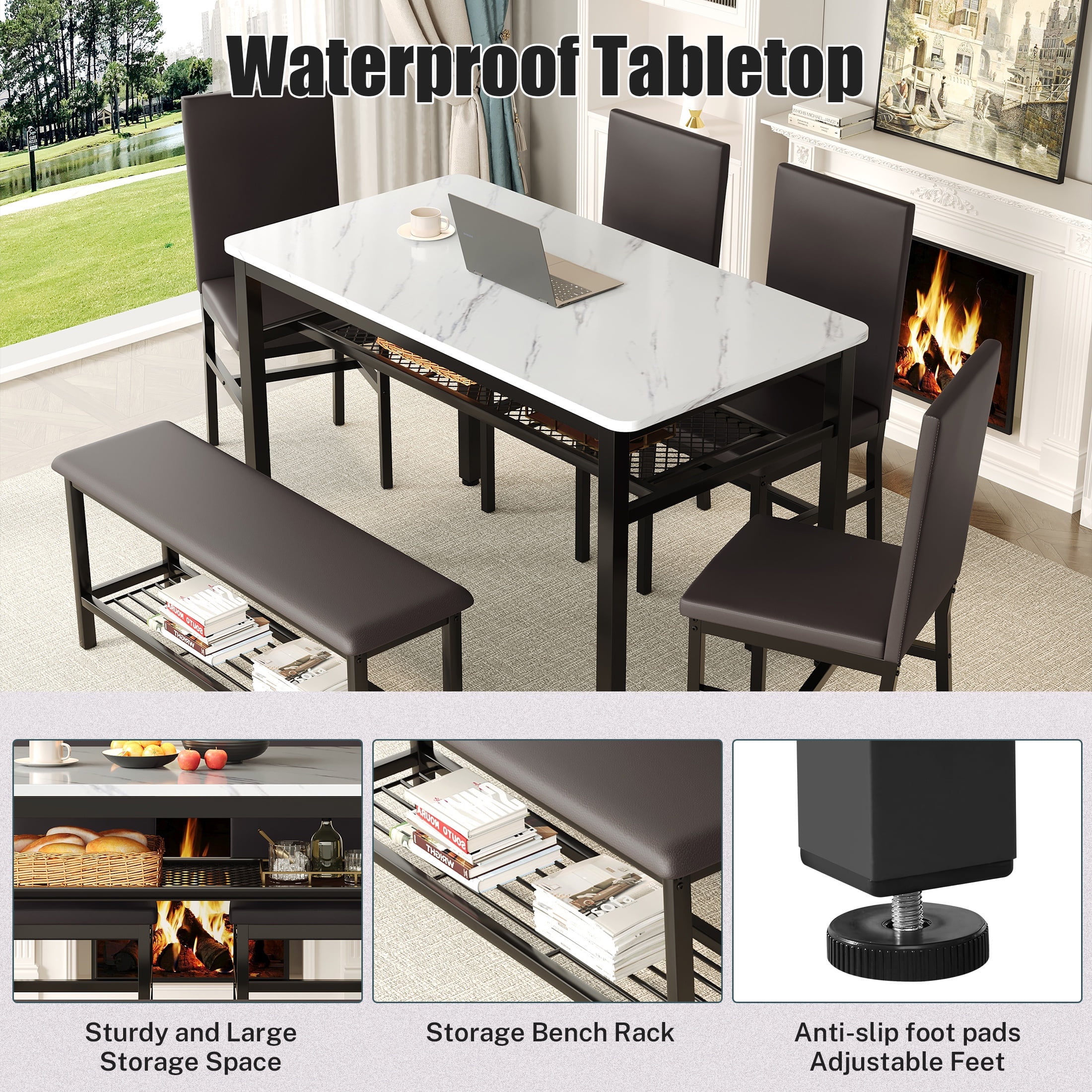 PORKISS 6 Piece Dining Set with Bench, Modern Dining Table Set for 6, Large Kitchen Table and Chairs for 6 Persons, Rectangle Dinette Sets with 4 Chairs and 1 Bench for Family, Black + White