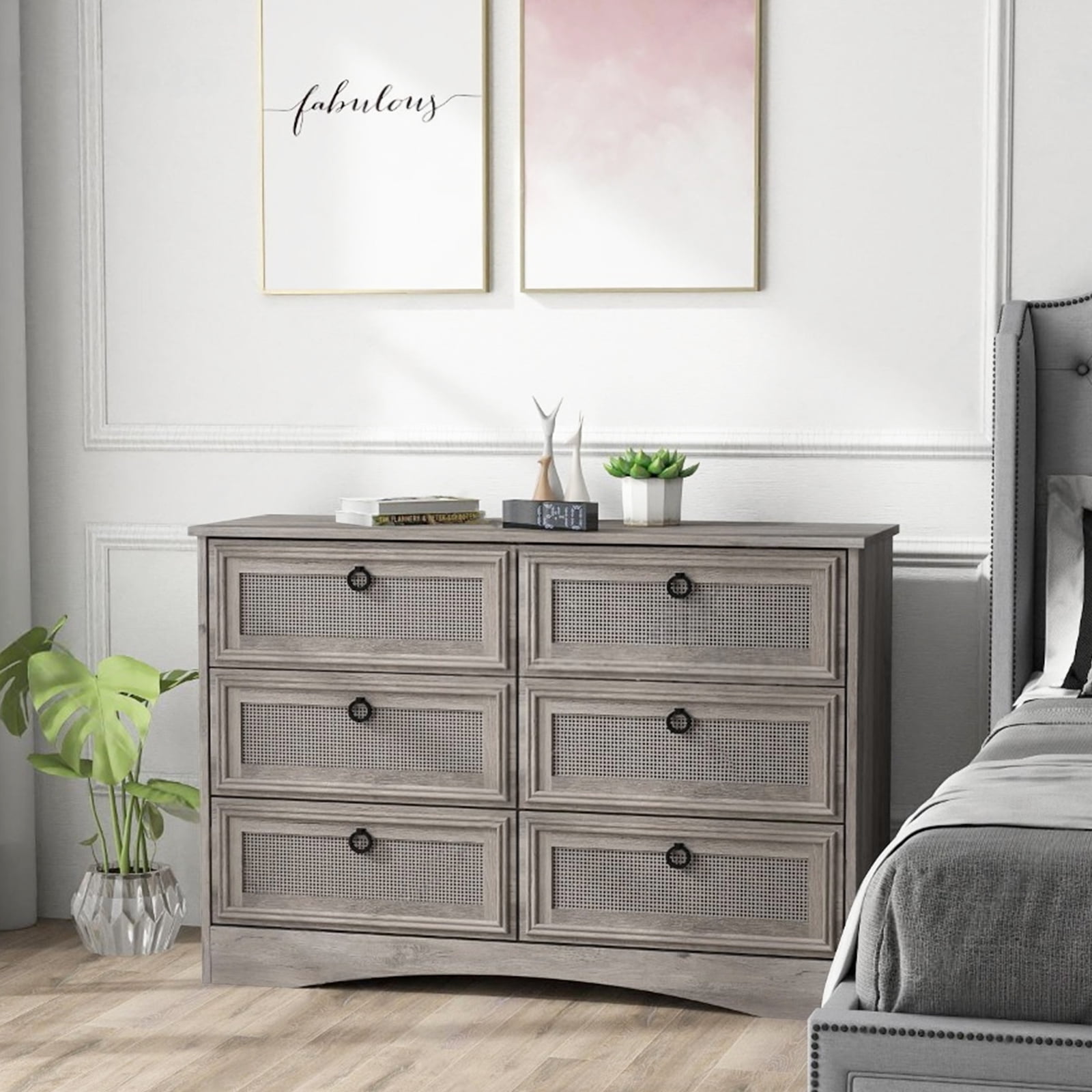HUJAUU 6 Drawer Dresser for Bedroom, Rattan Wide Chest of Drawers for Living Room, Gray