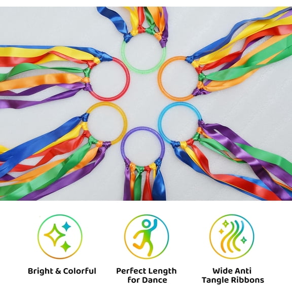 GSi Multi-Color Ribbon Ring Set – 6-Pack Plastic Rings with Flowing Satin Ribbons for Dance, Movement Activities & Fitness Coordination