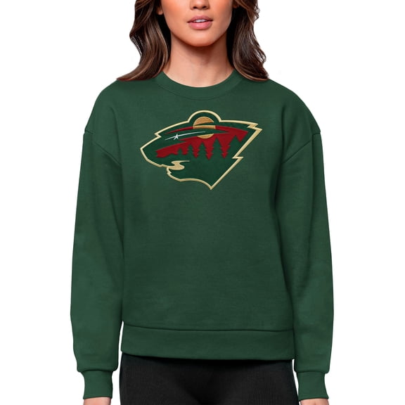 Women's Antigua Green Minnesota Wild Primary Logo Team Logo Victory Crewneck Pullover Sweatshirt