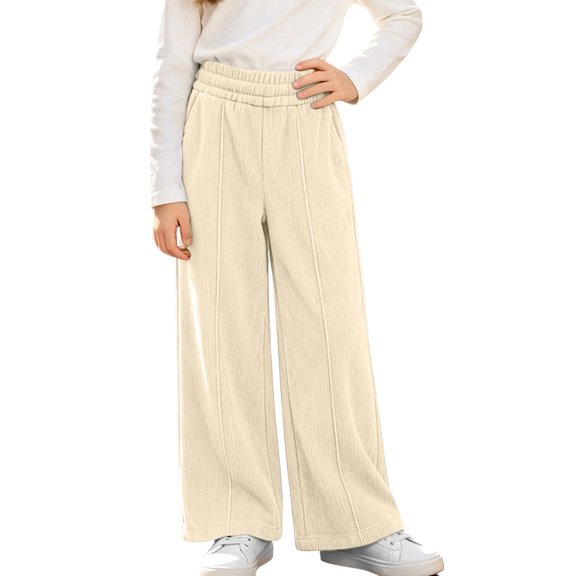 Txenfivo Girls Wide Leg Pants, Casual Pull-On Corduroy Elastic Waist Pants for Girls School and Everyday Wear, Sizes 5-16