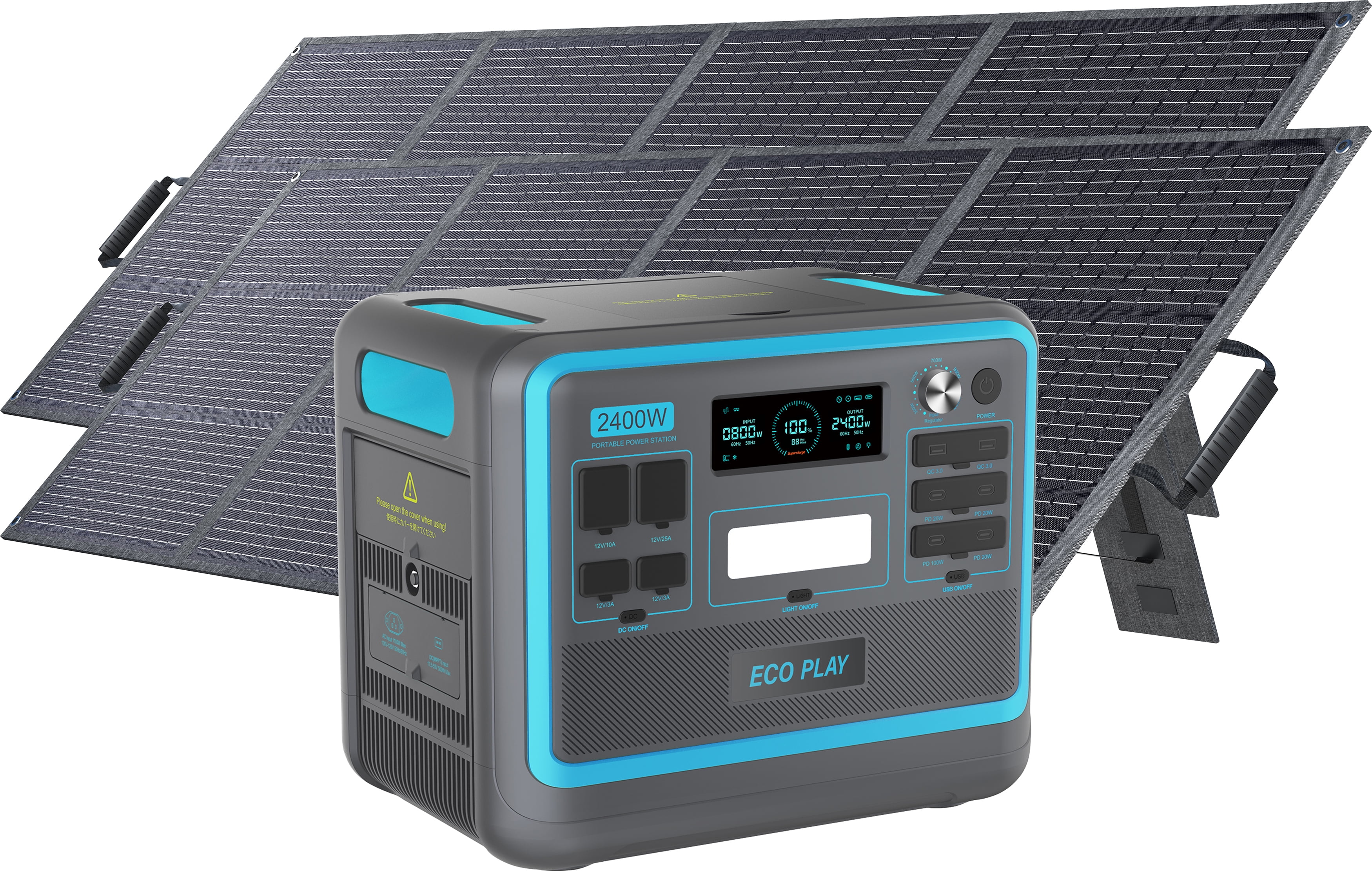 Eco Play 2400W Portable Power Station with 2x200W Solar Panels