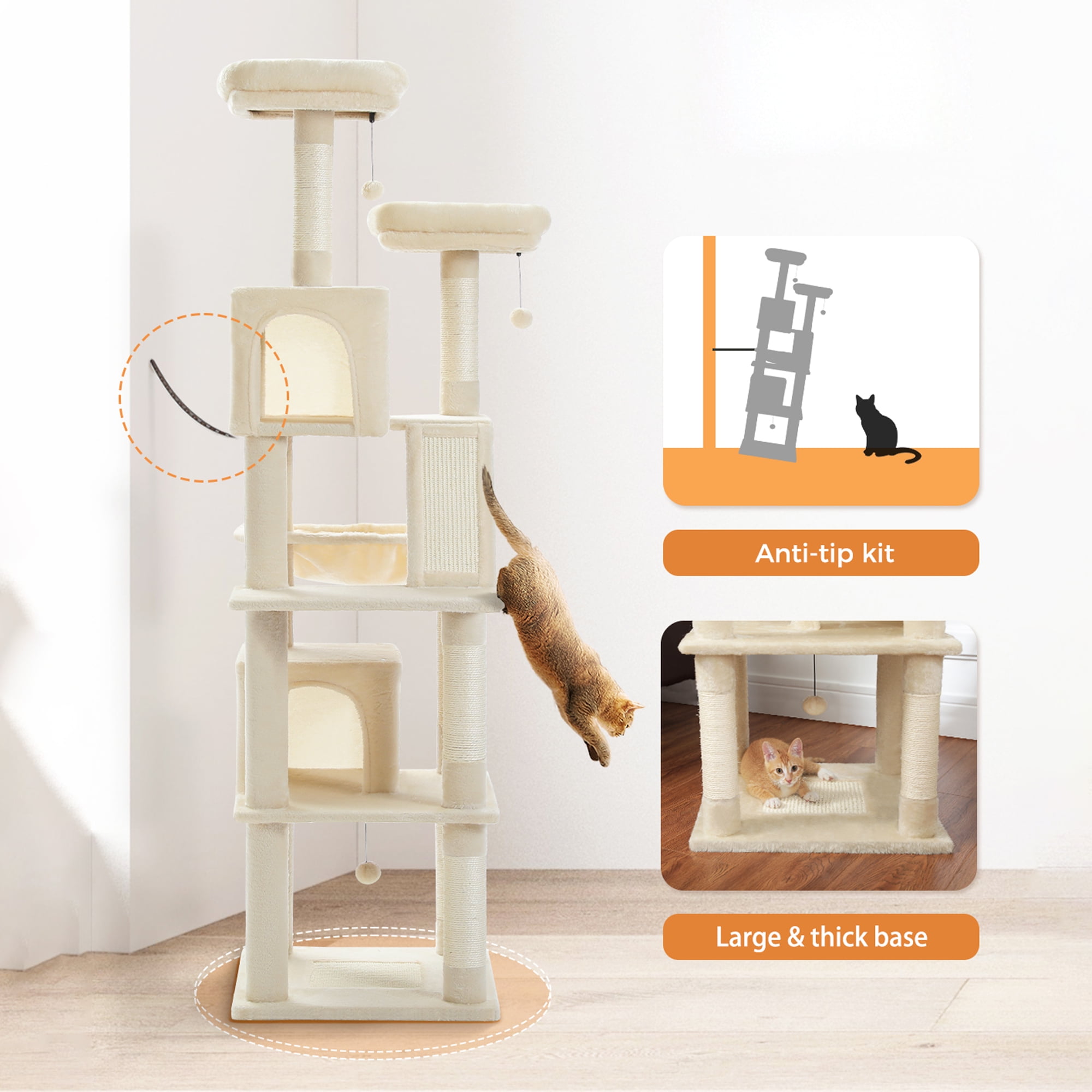 Kadyn 70" Large Cat Tree for Indoor Cats, Multi-Level Cat Tower Cat Scratching Post with 2 Perches, 2 Condos, Hammock and 2 Pompoms, Beige