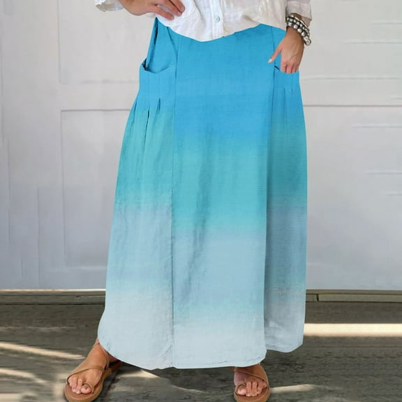 Ofreoo Women's Printed Elastic Waistband Pleated Pocket Skirt With Mid Calf Skirt Long Skirts for Women Great Gifts for Less