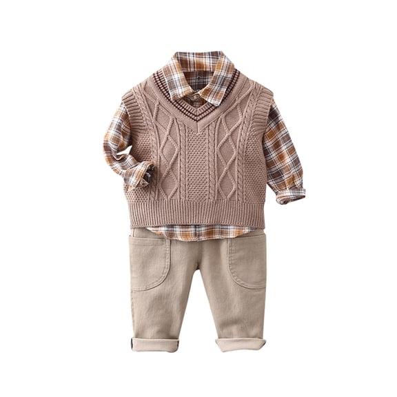 Toddler Boys 3 Piece Outfit Set Knit Vest Plaid Shirt and Pants Casual Fall Winter Clothes for 1 - 4 Years